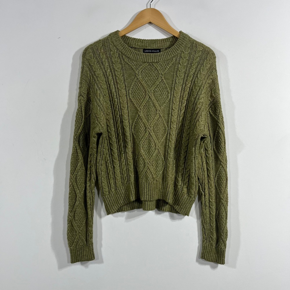 Ellie Fisherman Granola Nautical Olive Green Cable Knit Crew Neck Sweater Large